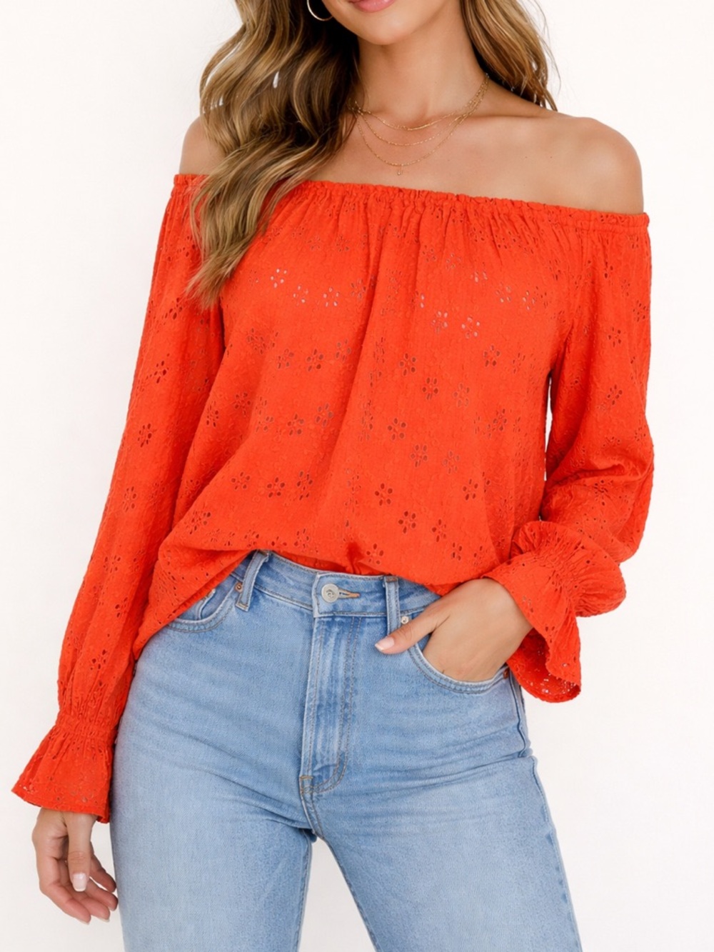 Sanctuary Women Size XS Red Eyelet On or Off Shoulder Top Blouse Long Sleeves
